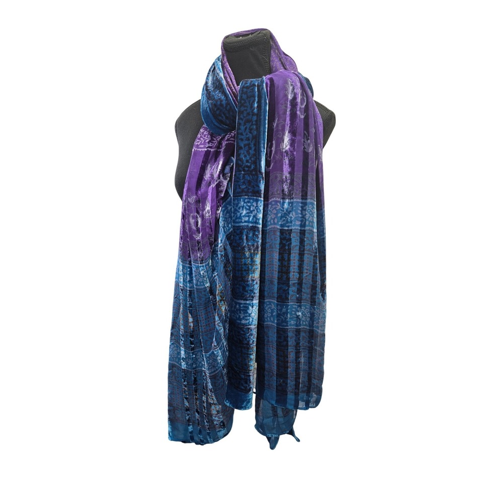 Boho Burnout Velvet Scarf‎ Purple Teal Blue Sheer Floral Stripe Oversized Wrap